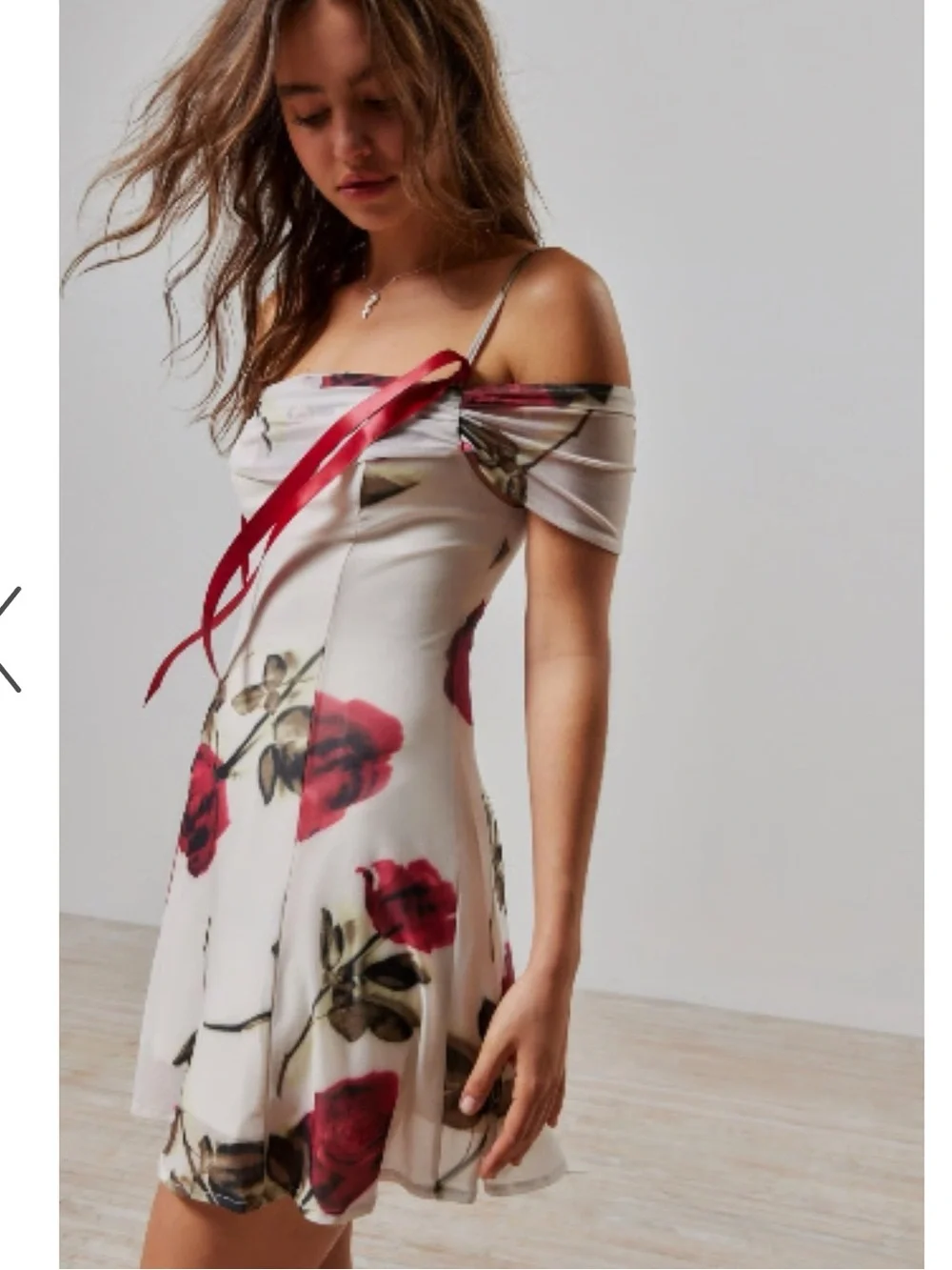 Kimchi Blue Off-Shoulder White Mini Dress with Red Rose Print and Ribbon Straps